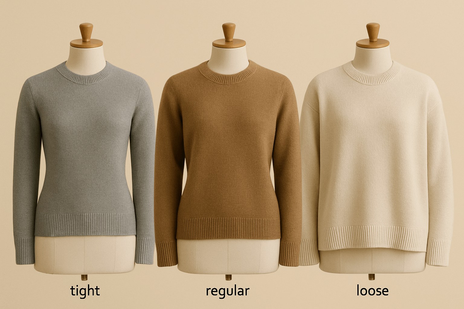 Three sweaters showing tight, regular, and loose fits